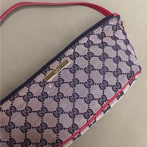 Gucci boat Pouchette in grey, and black with red leather trim.